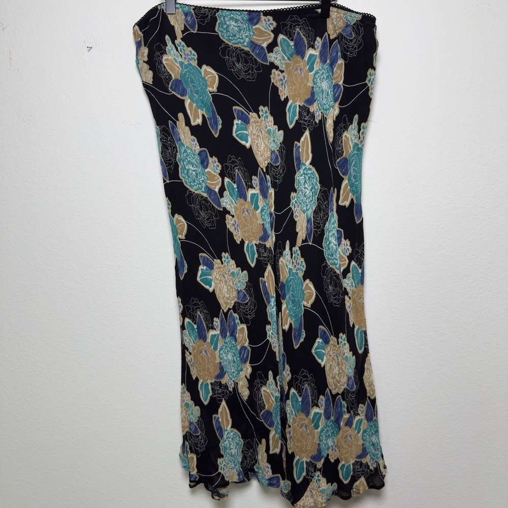 VTG Y2K Women Whimsigoth Fairy Grunge Skirt‎ 16 Black Floral Chiffon Maxi Flowy